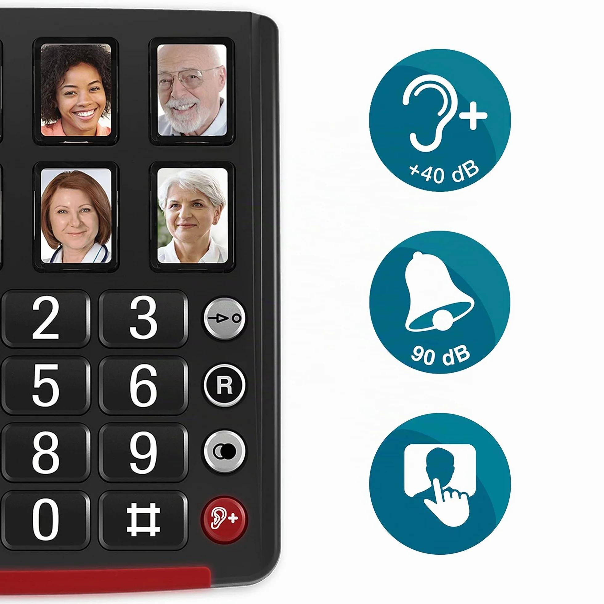 Amplicomms BigTel 40 Plus, telefono con cavo a pulsante grande, sei pulsanti di selezione diretta per foto, potenziamento audio 40dB, suonerie extra forti, compatibile con apparecchi acustici
