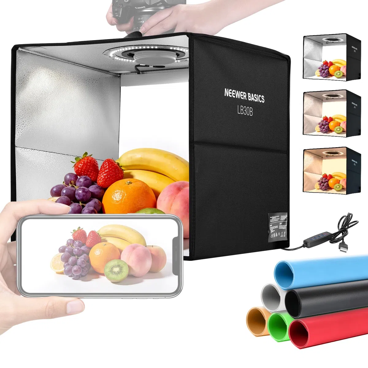 NEEWER BASICS Light Box Fotografico Bicolore da Studio, 30x30cm Scatola Fotografica Pieghevole con 6 Sfondi Colorati, 120 LED CRI95+ Dimmerabile per Fotografia Gioielli Elettronica Cibo Tavolo, LB30B