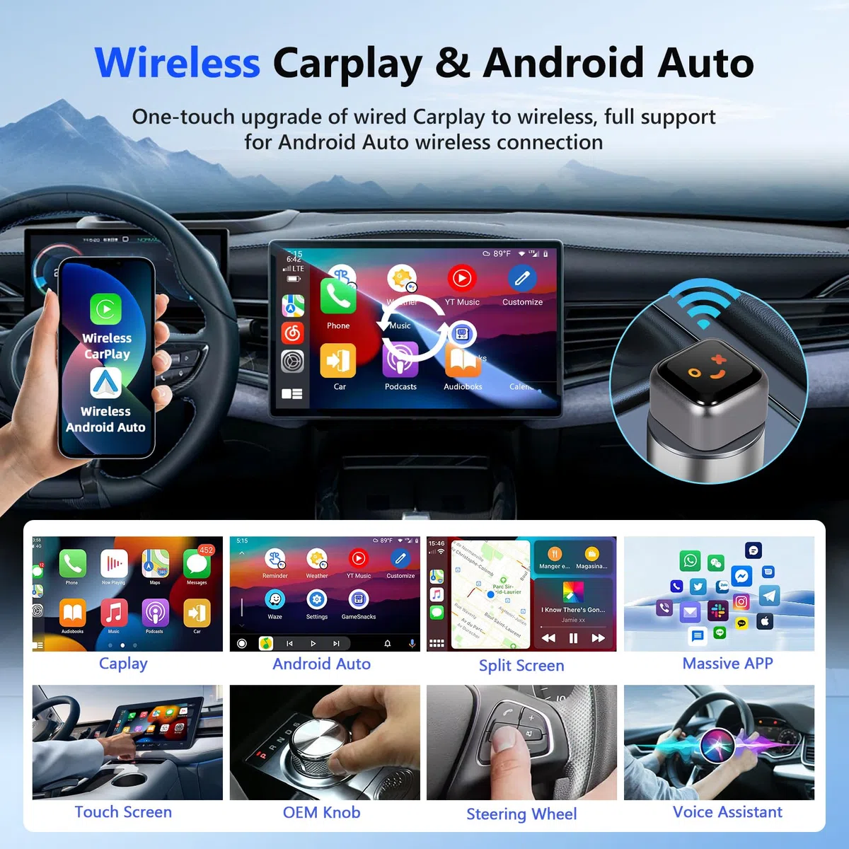 Senza Fili Adattatore 2-in-1 per CarPlay & Android Auto, Mini Adattatore dongle Carplay Wireless per Auto, Plug & Play Carplay USB/Type-C Compatibile con Phone iOS 10+ / Android 11+