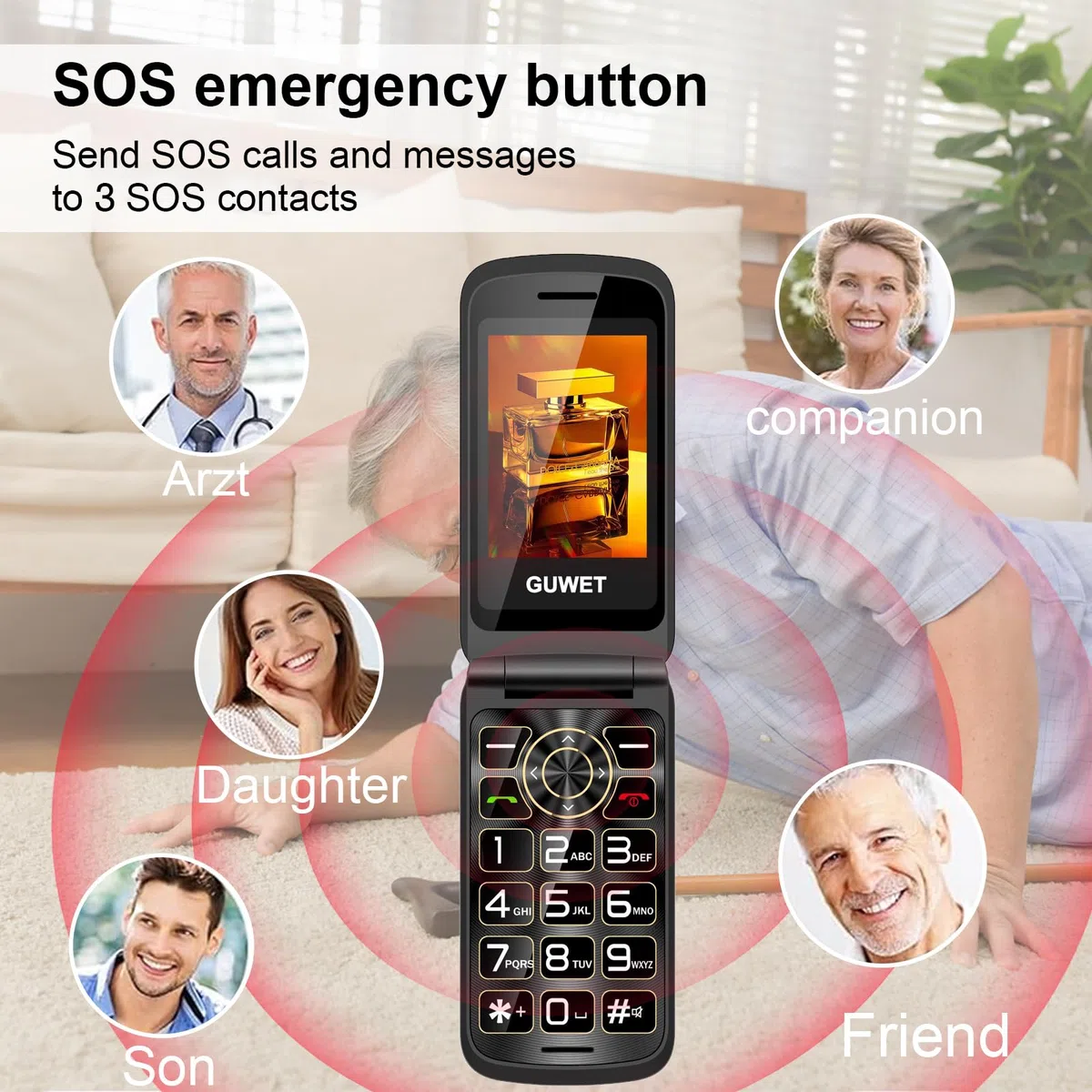 2G Telefono Cellulare per Anziani con Tasti Grandi, Flip Phone, Funzione SOS, Batteria da 1600 mAh, 2.4"+1.77" Doppio Display, Doppia SIM con doppio standby, Rosso.