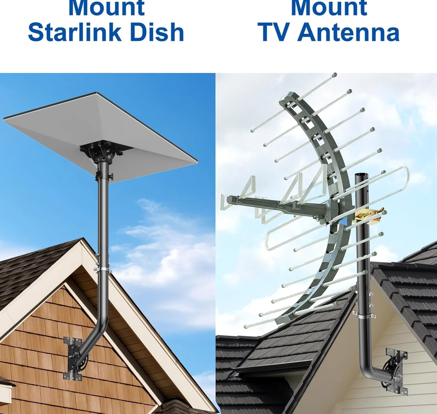 Supporto Universale Regolabile per Antenna TV, in Ferro Verniciato (1,38'' x 24'') - Montaggio a Parete, Gronda o Tetto, Bracket Pivot Resistente con Hardware Incluso, Nero