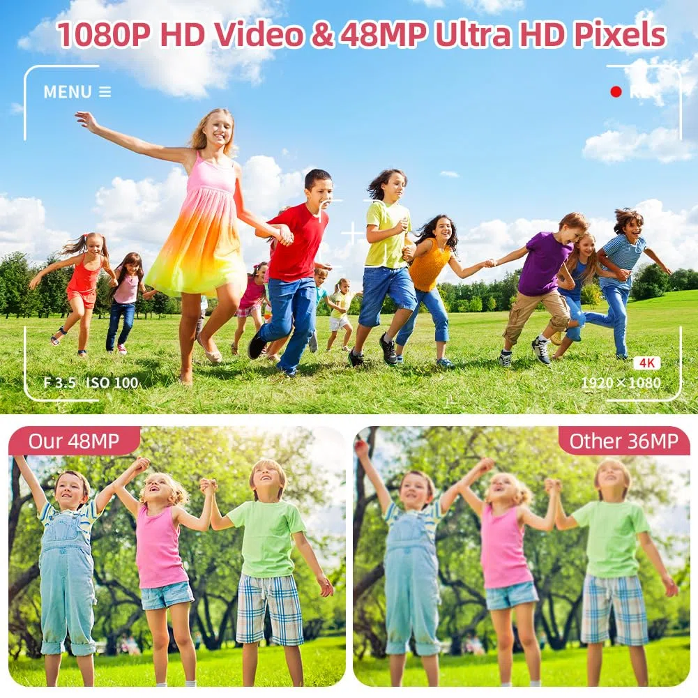 Ainiv Macchina Fotografica, 4K Fotocamera Digitale, 48MP Ricaricabile Macchina Fotografica Compatta con 32G TF Card, 18X Zoom, 2.4" + 1.3" Doppio Schermo per Bambini, Adolescenti e Principianti Rosa