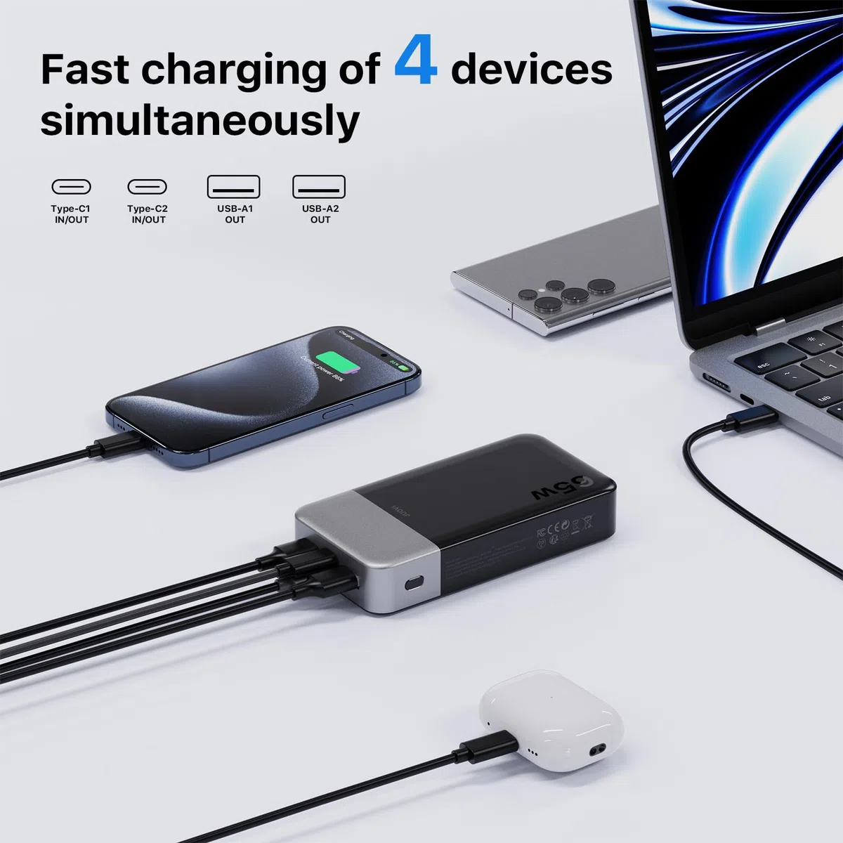 JUOVI 65W Power Bank, 20000mAh Laptop Caricatore Portatile Powerbank Ricarica Rapida Batteria Portatile Cellulare con USB C, per MacBook Dell XPS PC Portatile iPad iPhone 17 16 15 Samsung (Nero)
