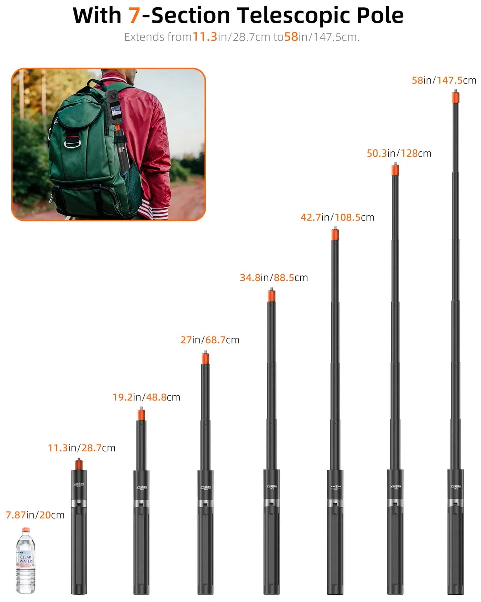 Treppiede per action cam da 147 cm, per Insta360 X5/X4/X3/Ace Pro 2/GO 3S, DJI Osmo 360, Pocket 4/3, tutti i modelli GoPro, impugnatura estensibile 2 in 1, supporto da viaggio, monopiede, accessori