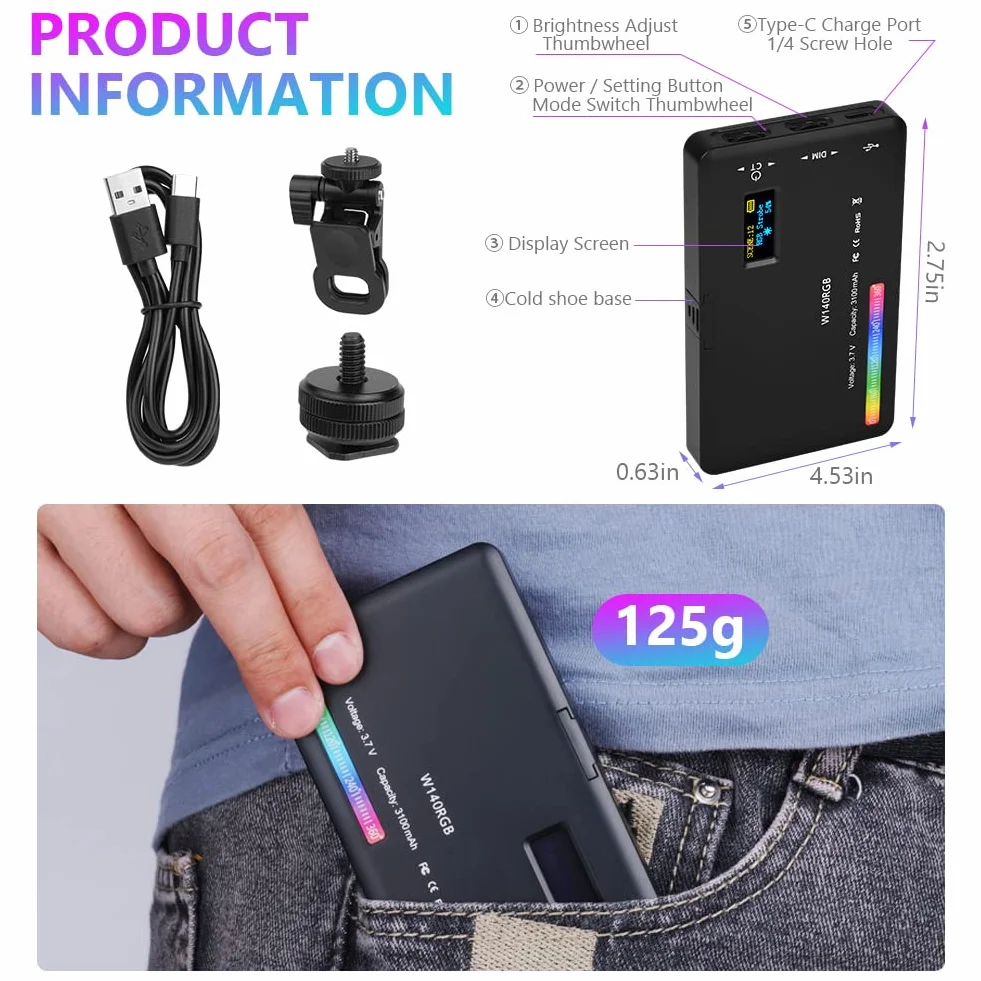 AXFEE Luce video, W140 RGB CRI95+ 2500K-9000K Dimmerabile Luce LED Fotografica, Pannello Luce LED, Ricaricabile USB con Batteria da 3100 mAh per Tiktok/Foto di Prodotti/videocamere DSLR, Fotografia