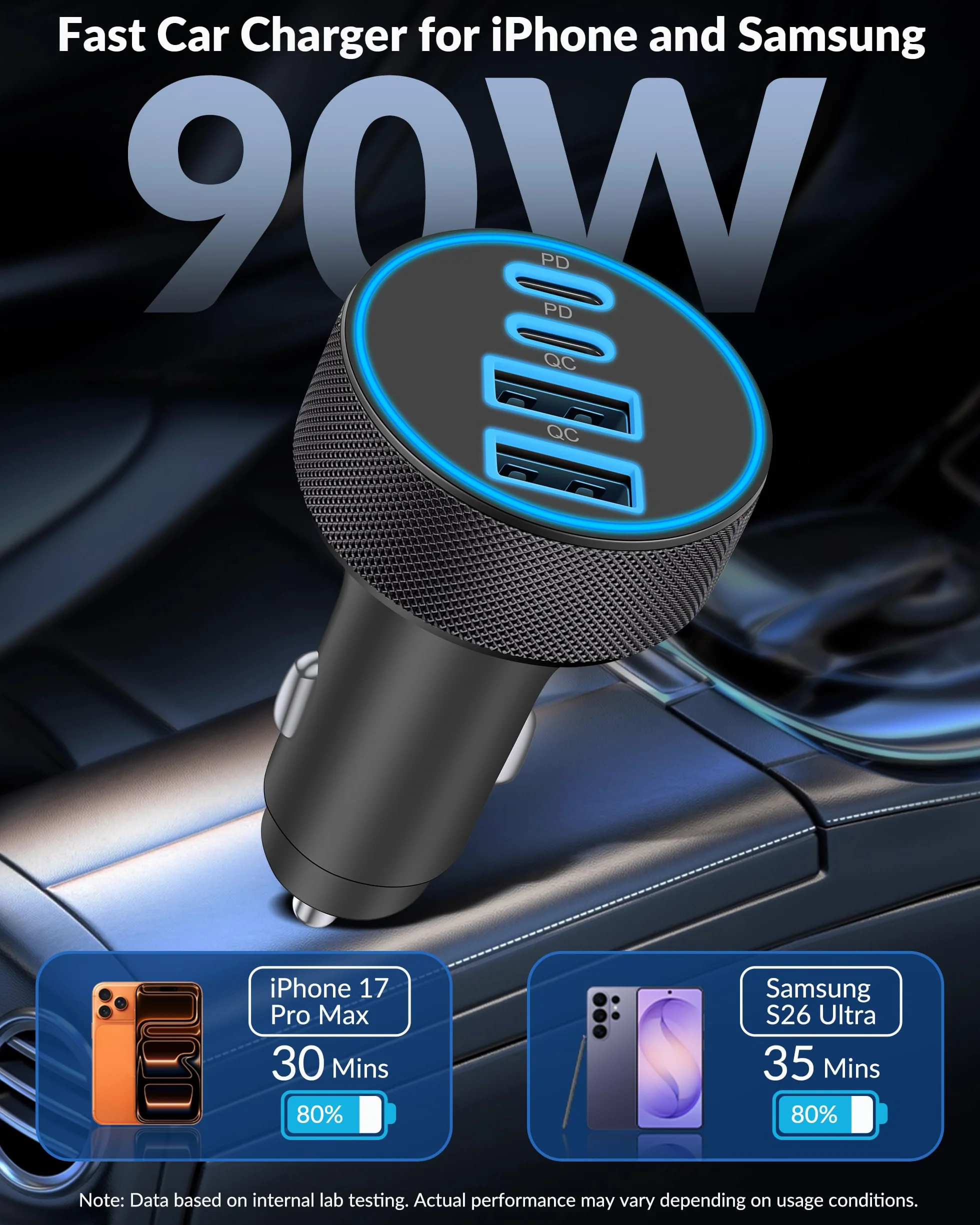 Caricabatteria da auto per iPhone 17, 16, 15 Pro Max, confezione da 2 caricabatterie da auto a 4 porte da 90 W con 4 porte USB C a ricarica rapida, accessori con cavo USB C da 240 W, 9 m, per iPhone