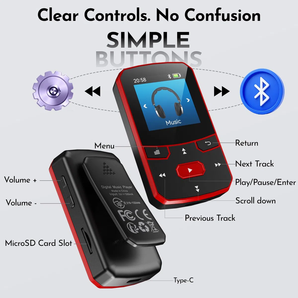Lettore MP3 64GB Bluetooth 5.3, Mini Portatile da 29g con Funzione Resume, Riproduttore Musicale Sportivo con Clip e Pulsanti Fisici, Radio FM, Dittafono, Espandibile fino a 128GB