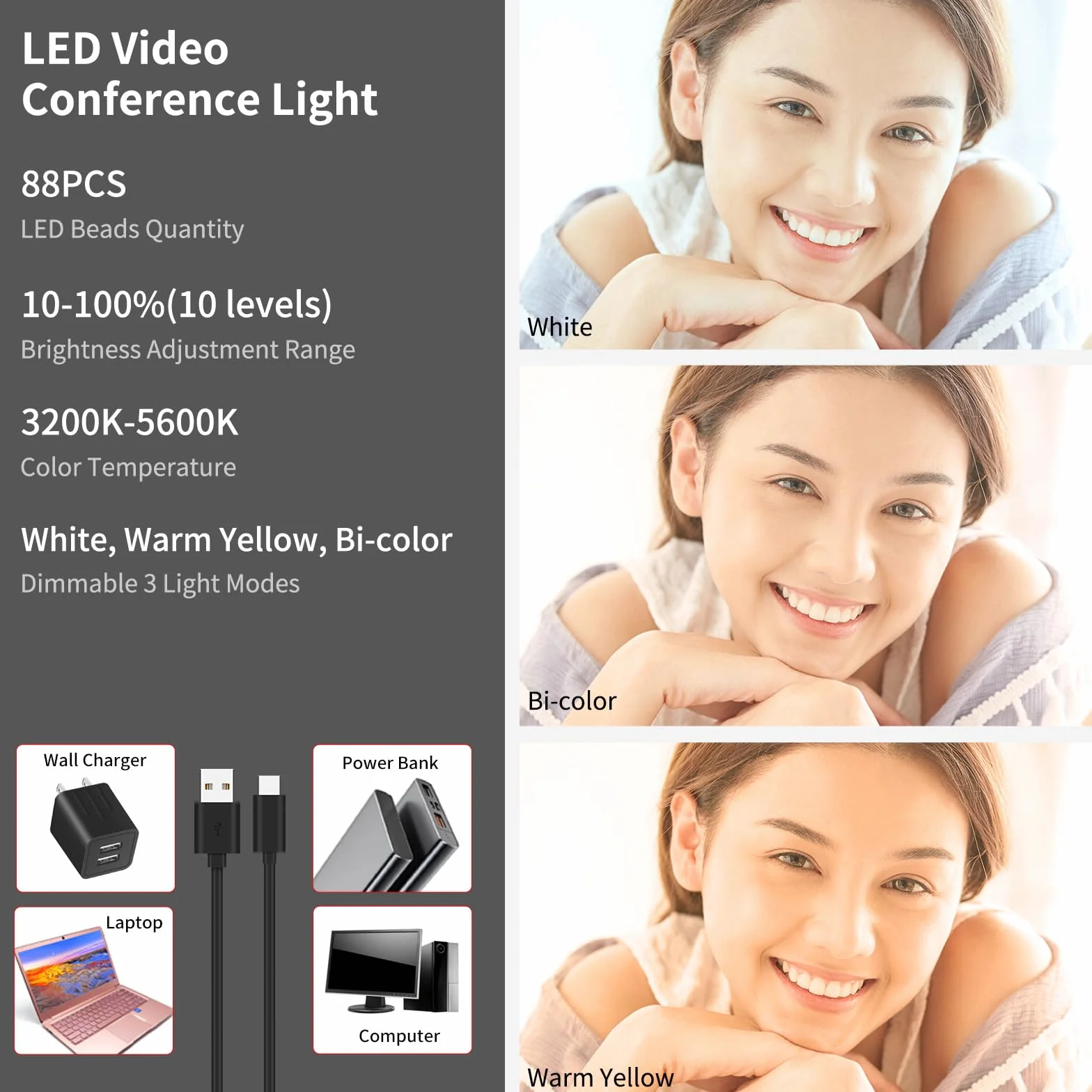 Newmowa Selfie Light, luce ricaricabile con clip per telefono con sensore di luce intelligente per telefono/laptop/fotocamera, 3 modalità di illuminazione per TikTok/trucco/Selfie/videoconferenza