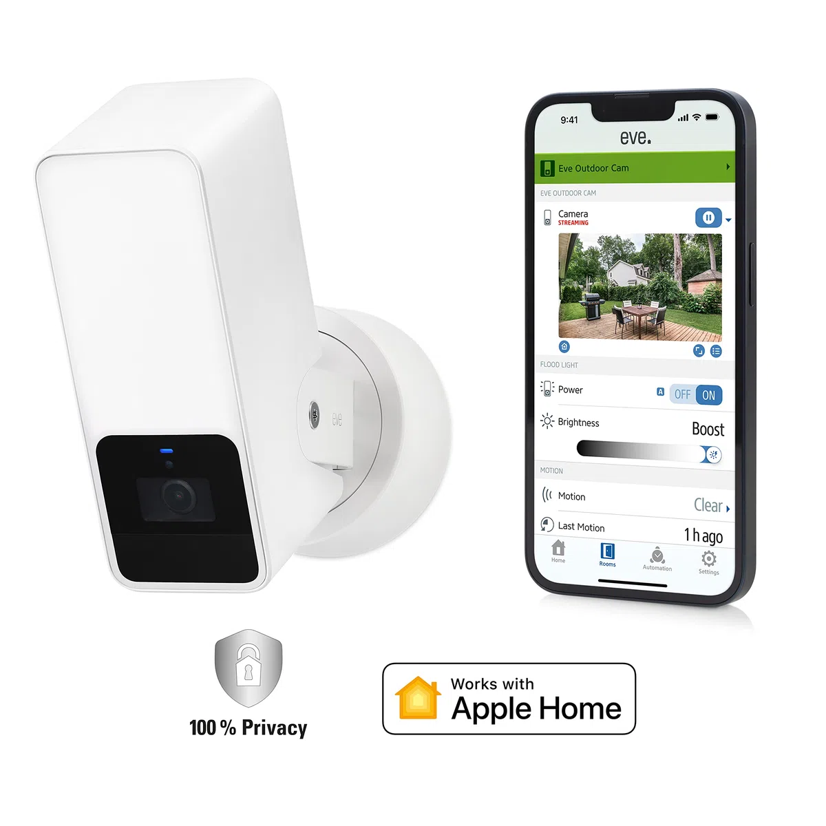 Eve Outdoor Cam (White Edition) – videocamera con riflettore sicura, sicurezza e privacy (HomeKit Secure Video), visione notturna, Wi-Fi (2.4 GHz), sensore di movimento, comunicazione bidirezionale