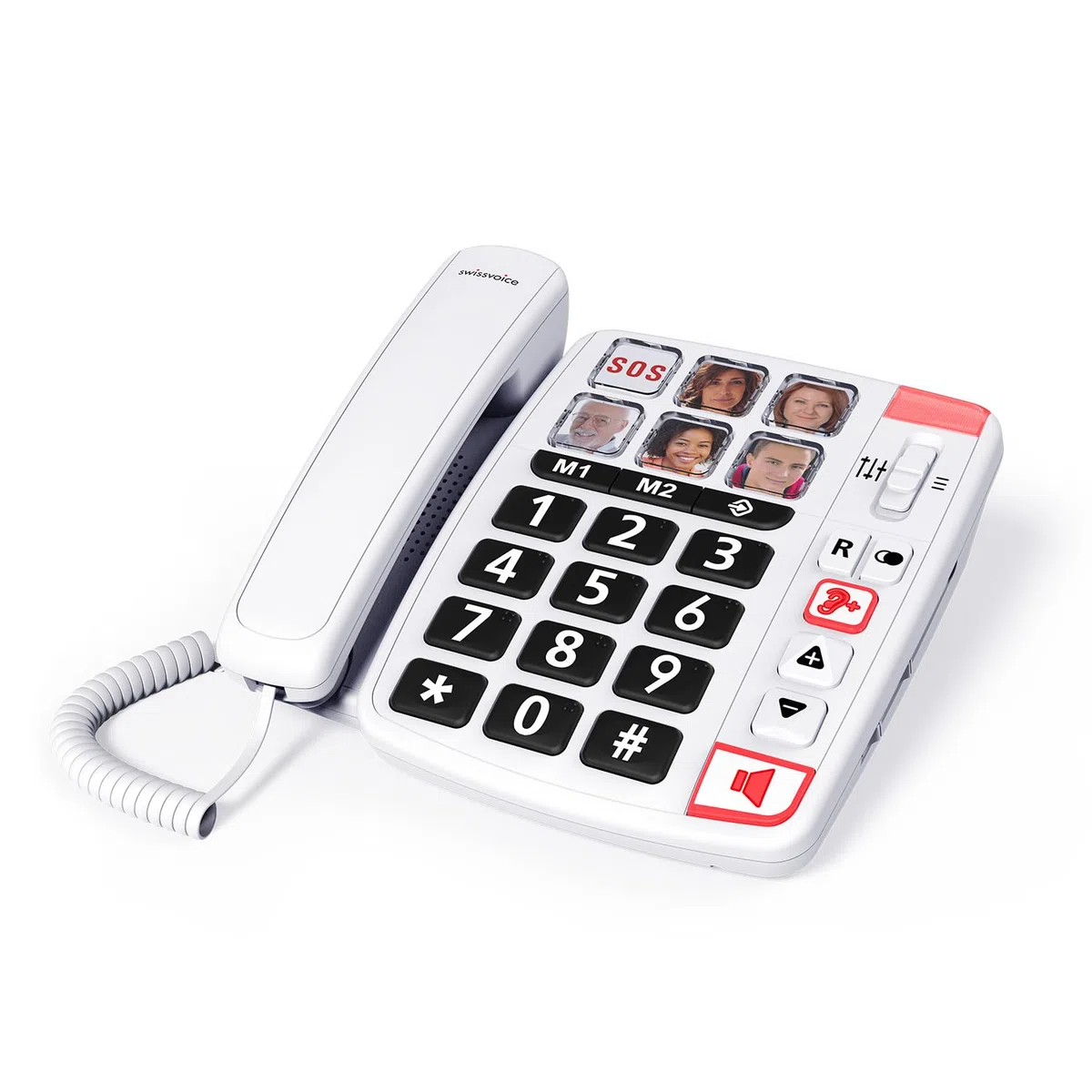SWISSVOICE - Xtra 1110 - Telefono fisso con filo per anziani - Tasti grandi - 6 tasti di memoria con foto - Suonerie extra forti - Indicatore luminoso - Audio Boost - Compatibile apparecchi acustici