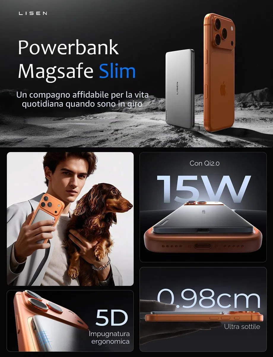 LISEN Powerbank MagSafe Slim Magnetica, Ricarica Rapida Qi2.0 15W 5000mAh Ultraleggera 106g, Powerbank Wireless per iPhone, Ricarica Induttiva, Custodia per Batteria del Telefono per iPhone 17e 16 Pro
