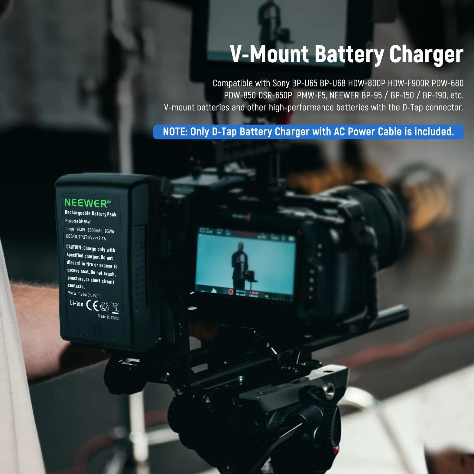 NEEWER Caricabatterie D-Tap con Cavo D-Tap da 1m per Batteria V-Mount/V-Lock/Gold Mount, Compatibile con NEEWER BP-95W BP-190WS BP-150WS BP-V47 BP-V95 Sony BP-U65 BP-U68 ecc.[Uscita: 16,8V 2A]