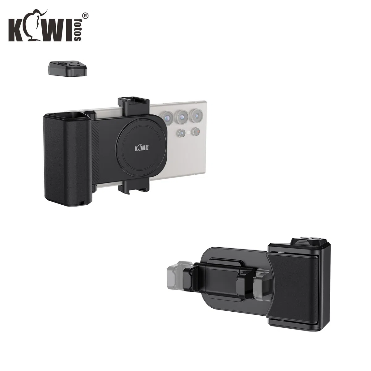 KIWIFOTOS Impugnatura Grande Smartphone Grip con Wireless Telecomando Bluetooth, Registrazione Vlogging Riprese per Telefoni Android e iOS Larghezza 59-85mm