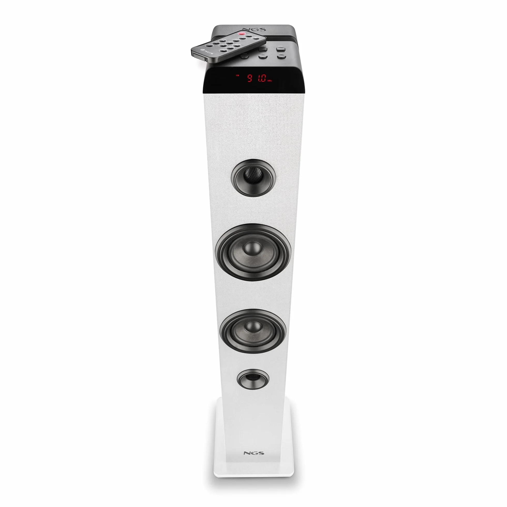 NGS Sky Charm Pro White - Torre Audio da 50 W con Bluetooth 5.4, Ottico, USB, AUX-IN, Radio FM, Funzione di Trasmissione, Ingresso Microfono Karaoke, Telecomando, Bianco