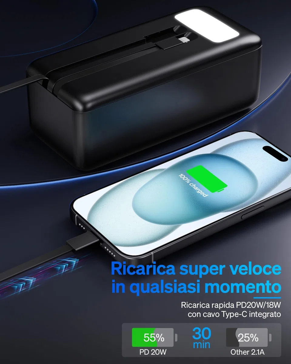 Power Bank 50000 mAh con cavo integrato: batteria esterna a ricarica rapida da 22,5 W con grande capacità, caricabatterie portatile con torcia LED e 7 uscite e 3 ingressi-con cavo integrato