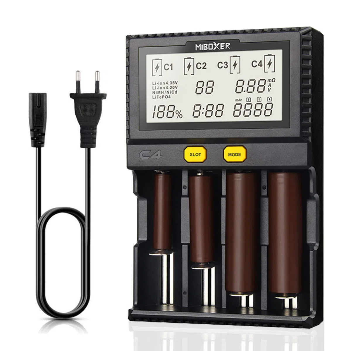18650 Caricabatterie, Caricabatterie Intelligente Universale con Display LCD per Batterie NI-MH, NI-Cd, AA, AAA, 14500, 18350, 21700, 26650, Li-Ion LiFePO4, RCR123A (4 Slot)