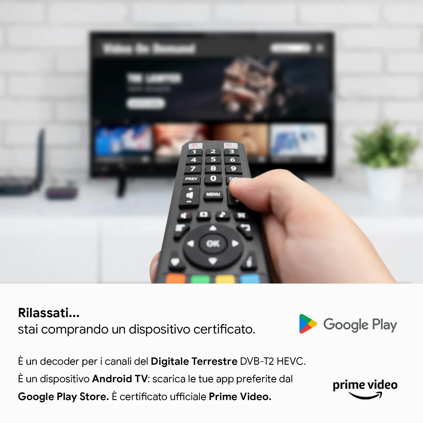 TELE System ON T2 HD: Decoder digitale terrestre Android TV, Smart TV Upgrade, Tuner DVB-T2 HEVC HDR10+HLG, HDMI, SCART Adapter Incluso - Certificato Google