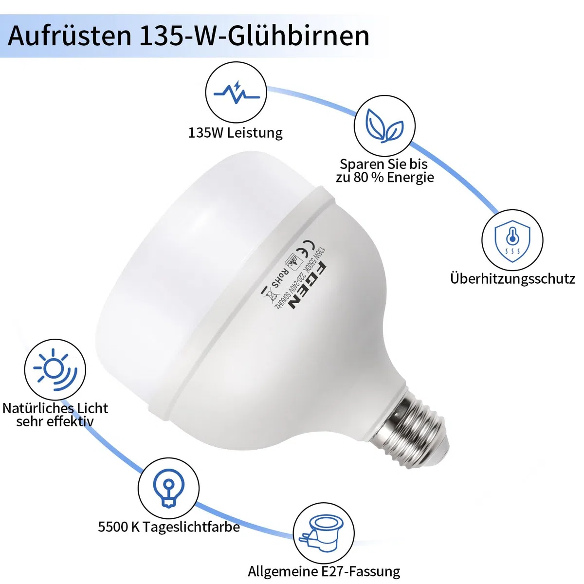 FGen Lampada fotografica da 135 W, 5500 K, con spina E27, lampada da studio, a risparmio energetico, 10.000 ore, illuminazione per fotografia di prodotto, softbox, studio fotografico T40 Bulbs