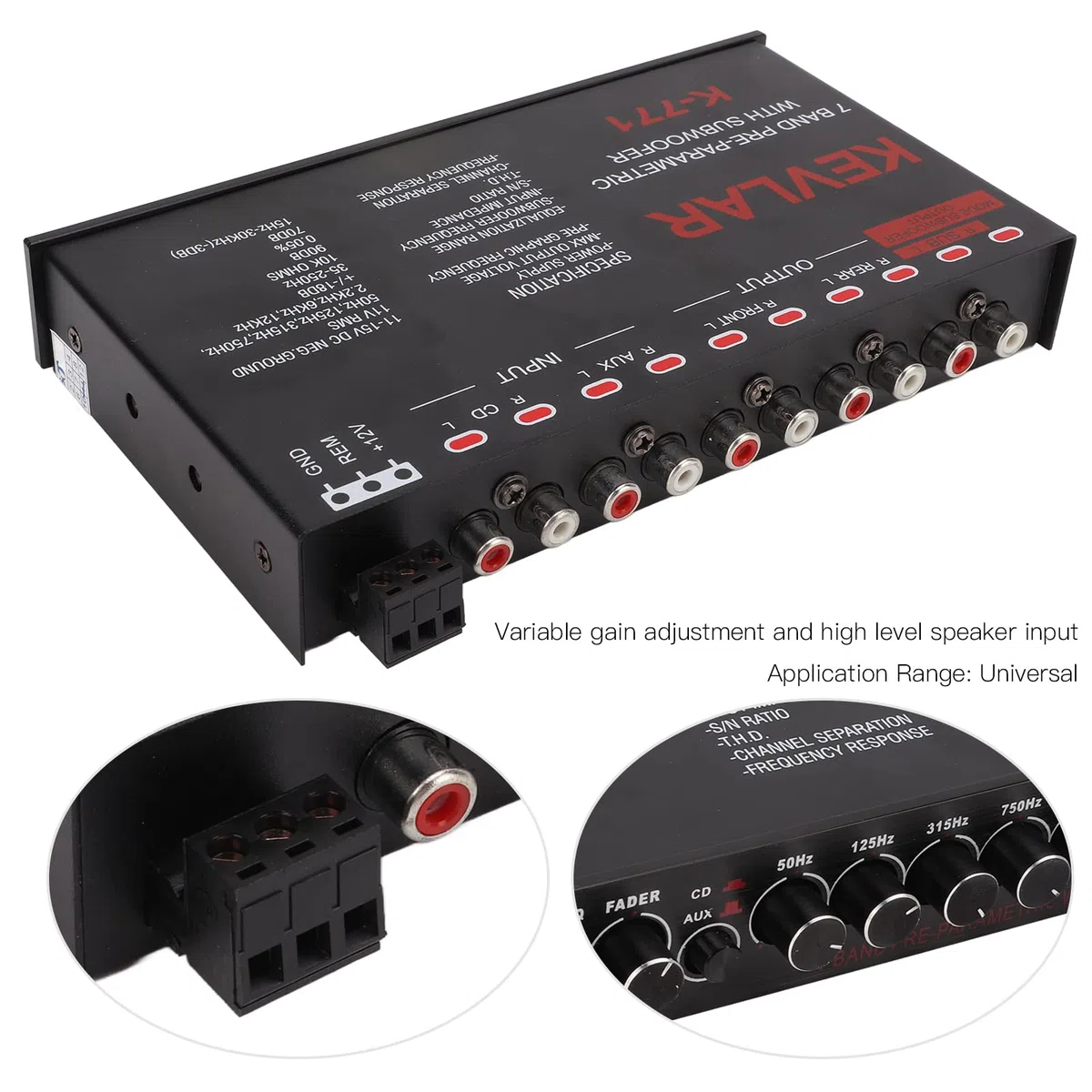Fydun Equalizzatore, Universale Equalizzatore Grafico Stereo per Auto a 7 Bande, Regolazione del Guadagno Variabile e Ingresso di Alto Livello, con Filtro Passa Basso