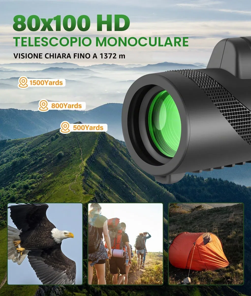 PAHTTO Monoculare 80x100 Zoom, telescopio monoculare con supporto per smartphone e treppiede estensibile, telescopio monoculare impermeabile per birdwatching, caccia, viaggi e concerti sportivi
