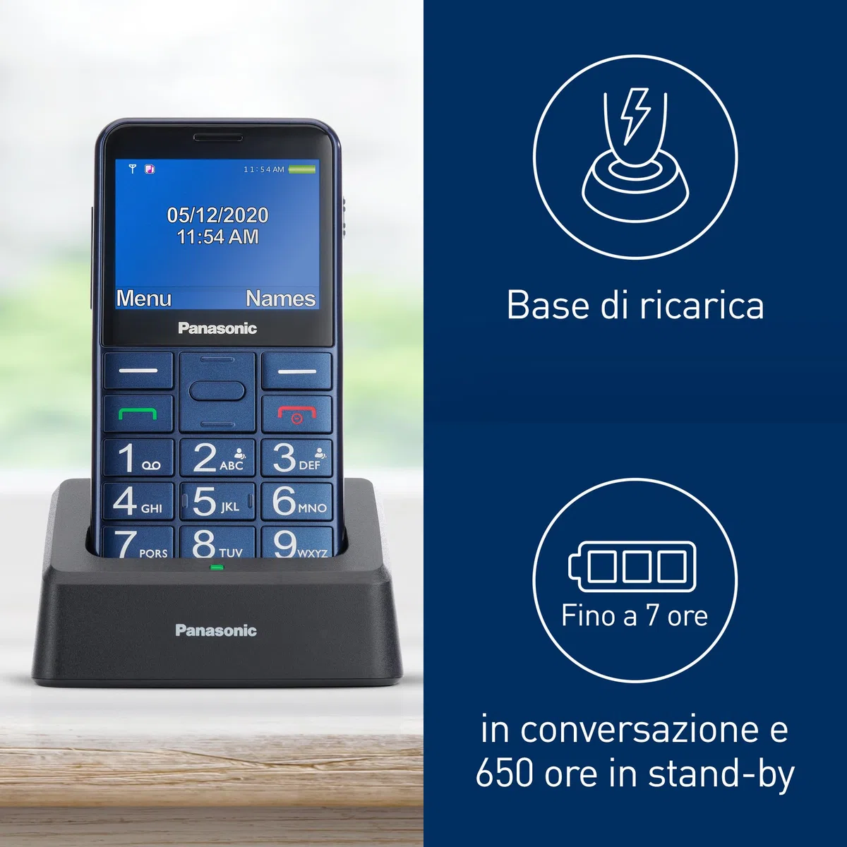 Panasonic KX-TU155EXCN Cellulare per Anziani, Pulsante SOS, Pulsanti Grandi, Compatibile Apparecchi Acustici, Bluetooth, Radio FM, Fotocamera, Base di Ricarica, Blu