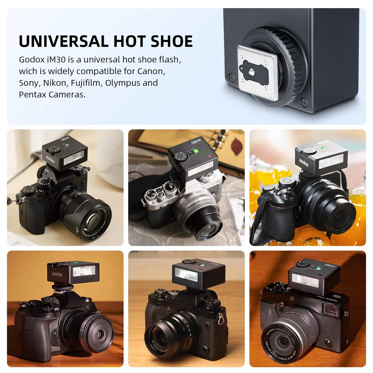 GODOX iM30 Mini Flash GN15 CCT 6500K Tempo di Riciclo 3.6s iFlash con 7 Livelli Potenza, On-Camera Flash Speedlite per Sony Canon Nikon Fuji Olympus Fotocamere