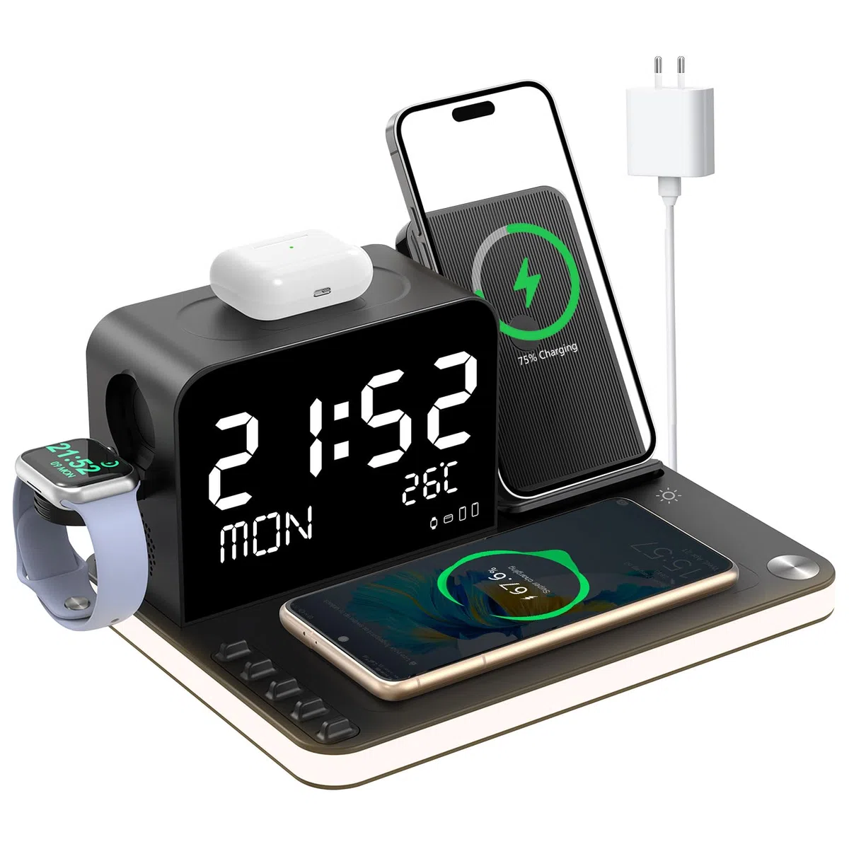 Caricabatterie wireless 7 in 1 con orologio, temperatura e data, compatibile con iPhone 17/16/15/14/13 Pro Max, AirPods e Apple Watch, compatibile con Samsung S25/S24, luce notturna regolabile, 33W
