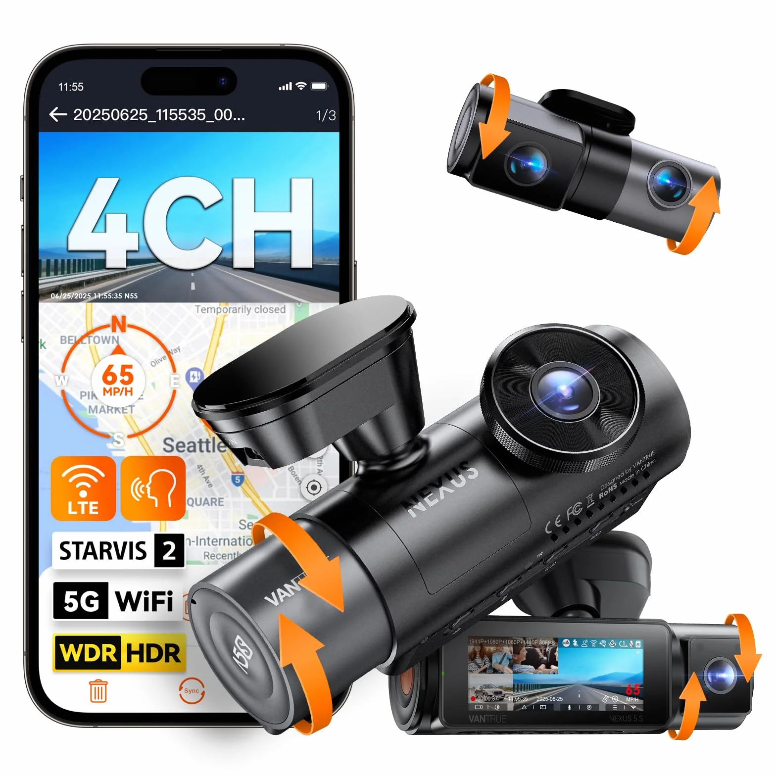 VANTRUE N5S Telecamere Auto STARVIS 2, 4 canali Dash Cam 2.7K+ Dual 1080P+ 1440P anteriore, interno e posteriore,VANTRUE Kit cablaggio USB-C regolabile con 2 stadi per Dashcam N5/N4/E3/E2/E1/N2S/N2 Pr