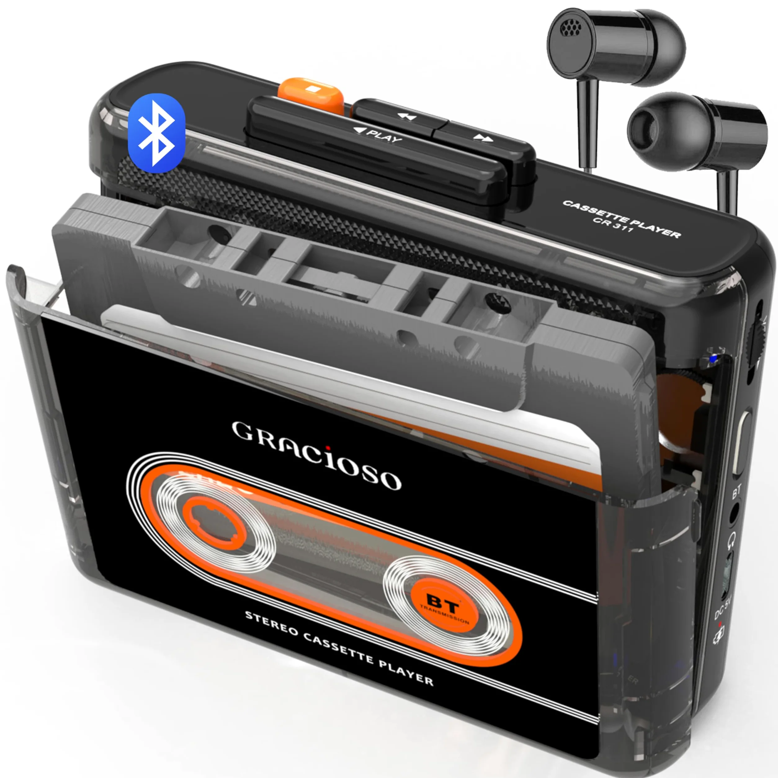 Lettore di cassette Bluetooth con batteria ricaricabile da 1100 mAh, lettore di cassette vintage compatto con auricolari, lettore di microcassette posteriore a clip per casa, parco