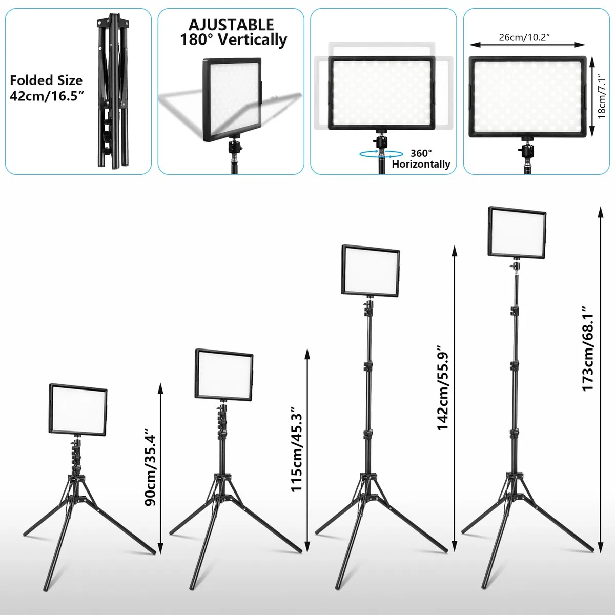 Luce Foto-video LED 2-Pack, Luce Continua Dimmerabile USB LED Bi-colore 2800-6500K, Kit di Illuminazione Fotografica 173cm con Supporto Treppiede per Studi, Registrazione Video YouTube TikTok