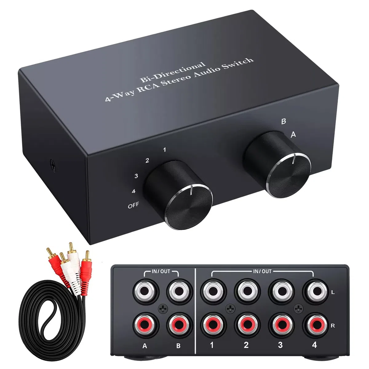 XMSJSIY Commutatore audio stereo bidirezionale L/R RCA a 4 vie, 2 in 4 uscite o 4 in 2 uscite, interruttore audio RCA L/R canale audio splitter audio selettore audio scatola interruttore per DVD
