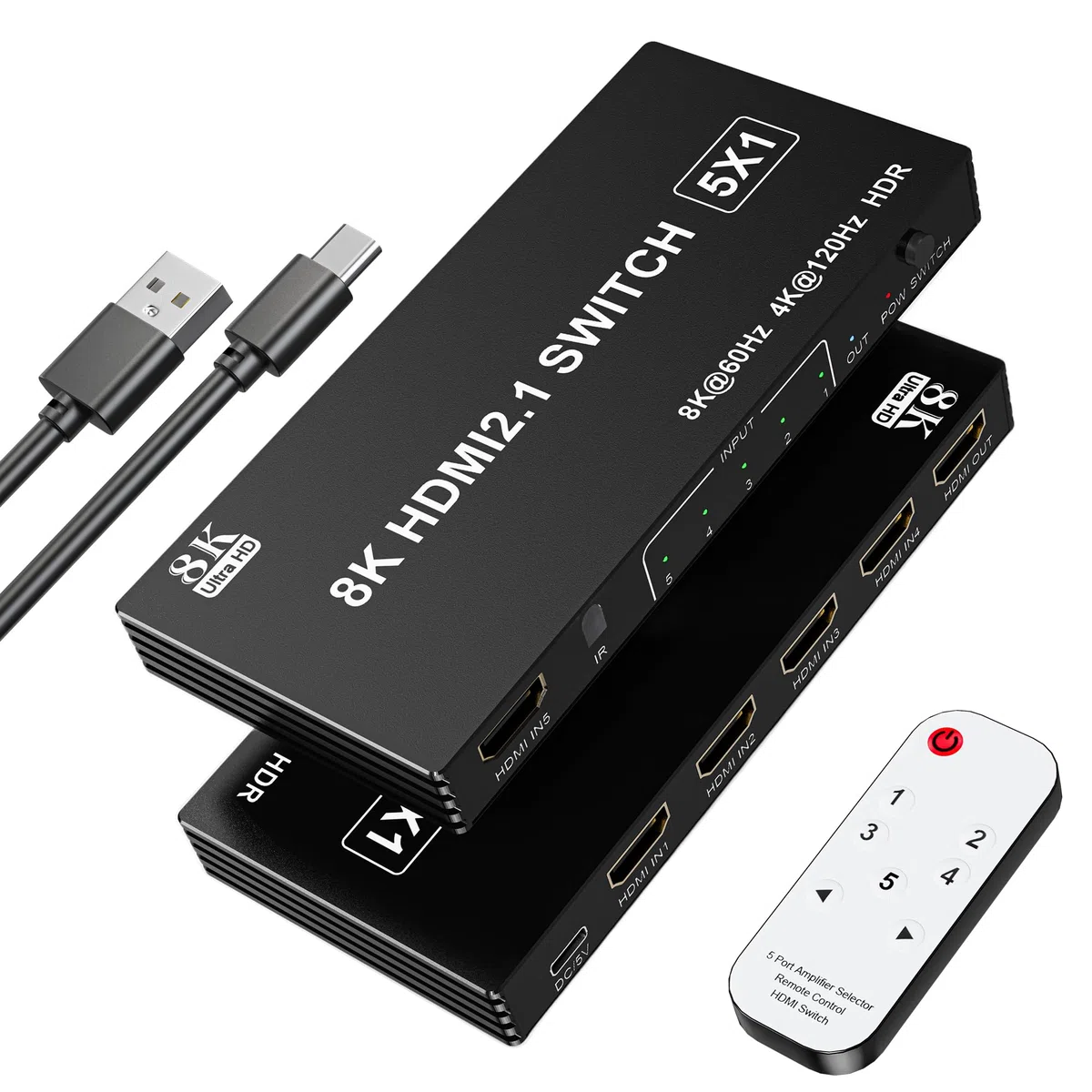 Switch HDMI 2.1 8K 60Hz 4K 120Hz, 8K Switch HDMI 5 Ingressi 1 Uscita con Telecomando IR, Selettore Hub a Selezione Automatica 5 Porte Supporto 8K 60Hz 48Gbps VRR HDCP2.3 HDR10 per Xbox Series X PS5