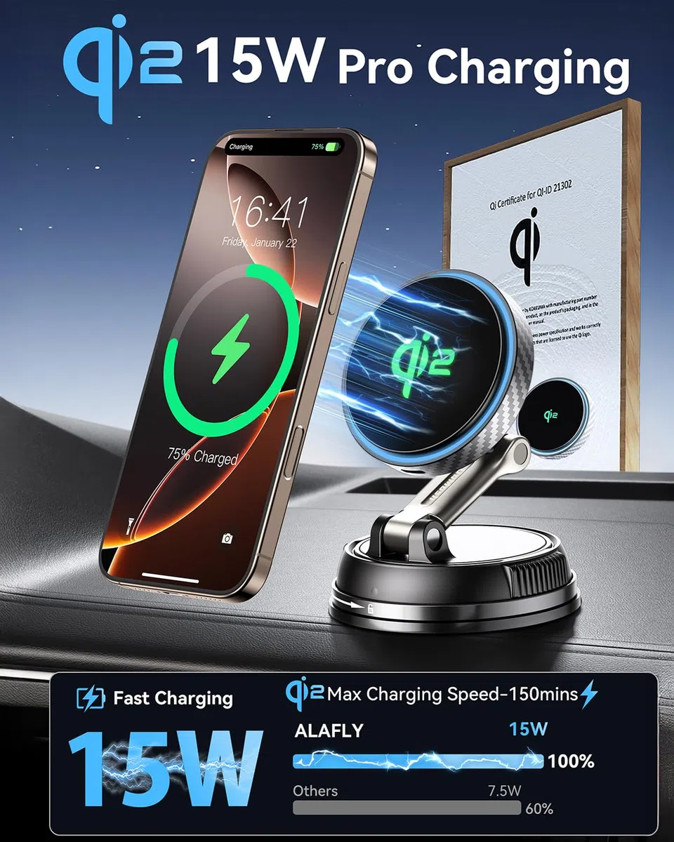Qi2 15W Ricarica Veloce Magnetico Porta Cellulare Auto [Ventosa a Vuoto & Regolabile 360°] Caricatore Wireless Supporto Telefono per MagSafe per Ventola/Cruscotto/Parabrezza