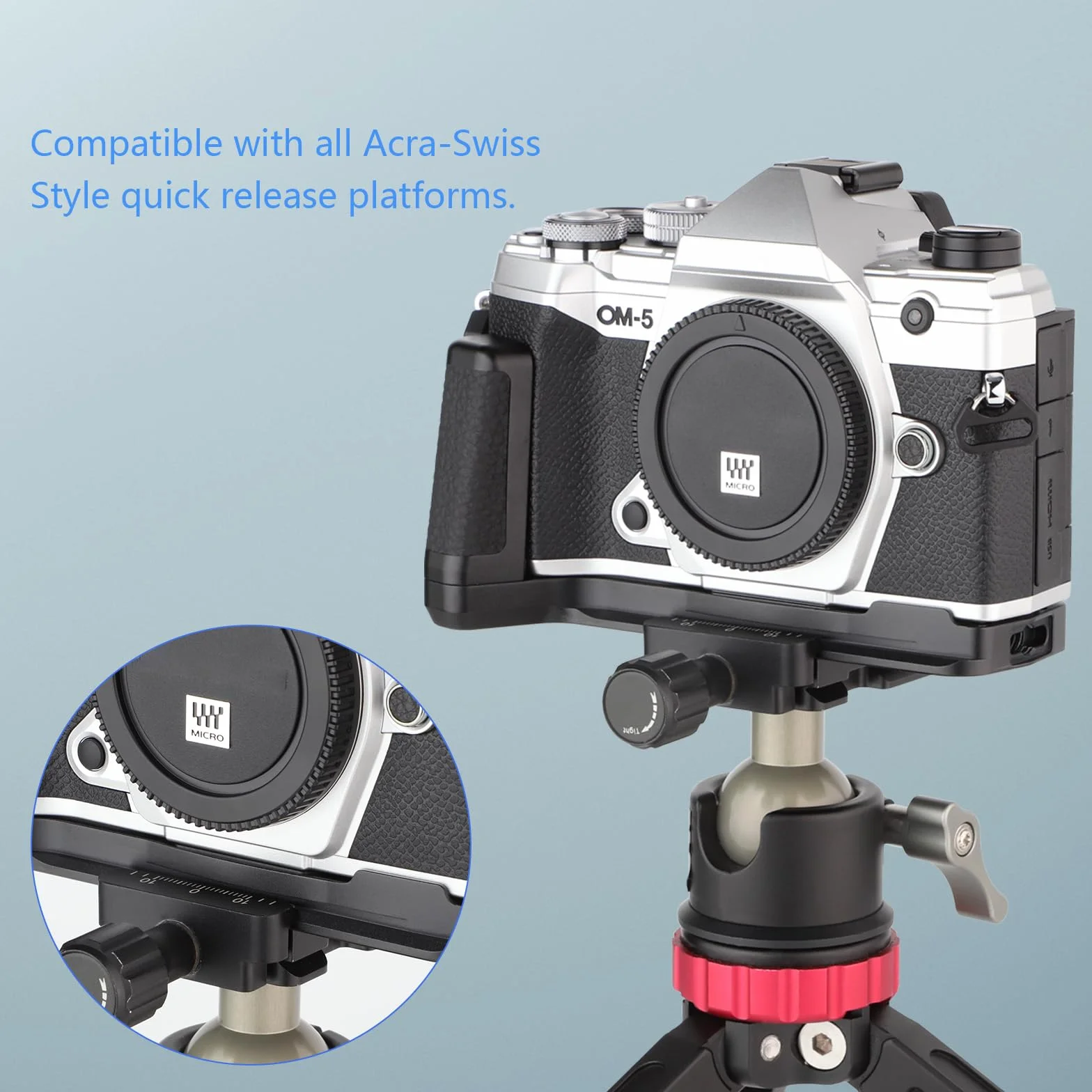 Haoge HG-OM5 Staffa di supporto per fotocamera con impugnatura per OM SYSTEM OM-5 piastra a sgancio rapido standard Arca Swiss integrata