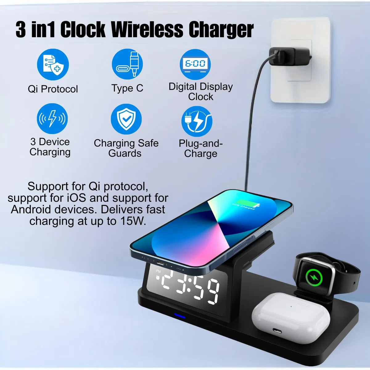 Caricabatterie Wireless Stazione di Ricarica Induttiva 3 in 1 Sveglia per Telefoni Cellulari Smartwatch Cuffie, Caricabatterie Wireless Compatibile con Potenza in Uscita 15W
