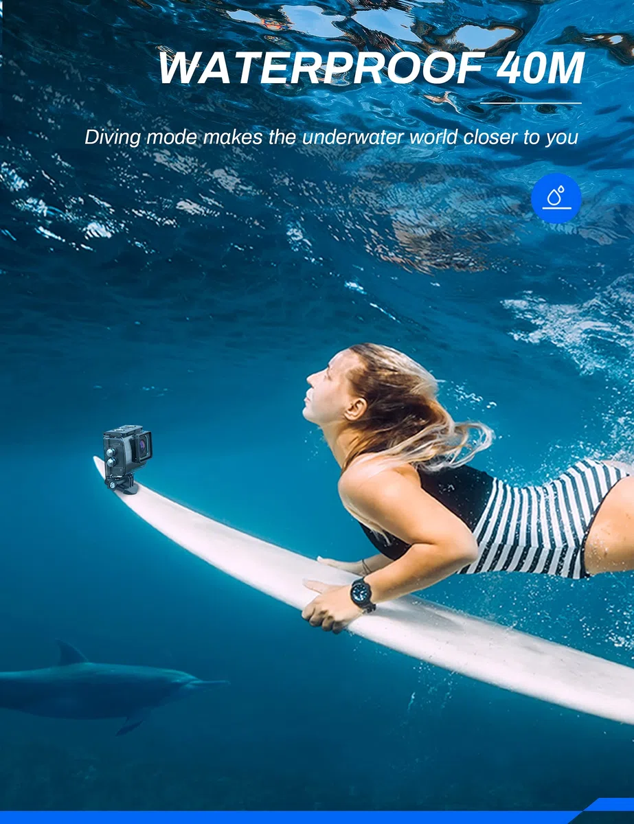 Action Cam 4K 30 FPS, 40 m, telecamera subacquea impermeabile WiFi CT9500 EIS 2 batterie da 1350 mAh e caricabatterie