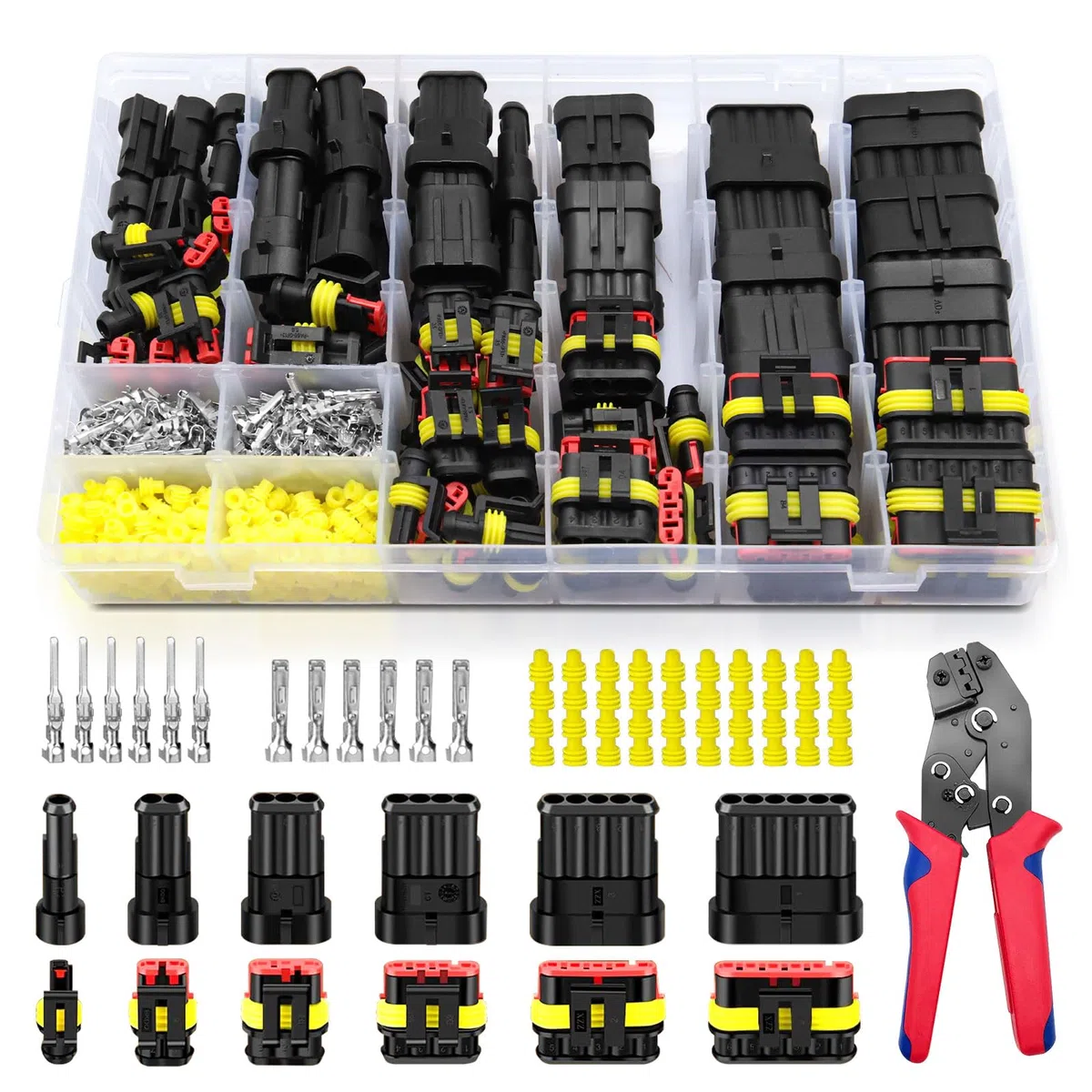 Set di 808 connettori da auto con pinza crimpatrice, spina impermeabile 1-6 poli, connettore Superseal per accessori trattore, auto, camion, barche (diametro del cavo applicabile: 1,5 mm², 300 V, 12 A