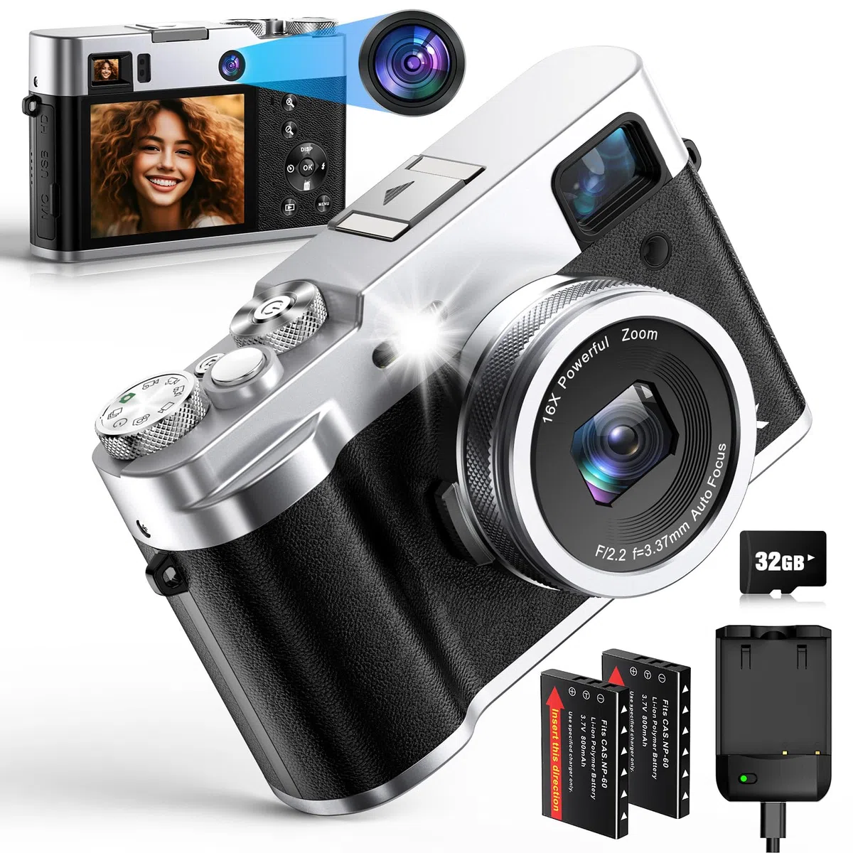5K Fotocamera Digitale, 48MP, Vlogging, Compatta, Unisex, 32GB, Mirino, Flash, 2.8 Pollici, TikTok, YouTube, Webcam, HDMI, 1/4"-20, Treppiede