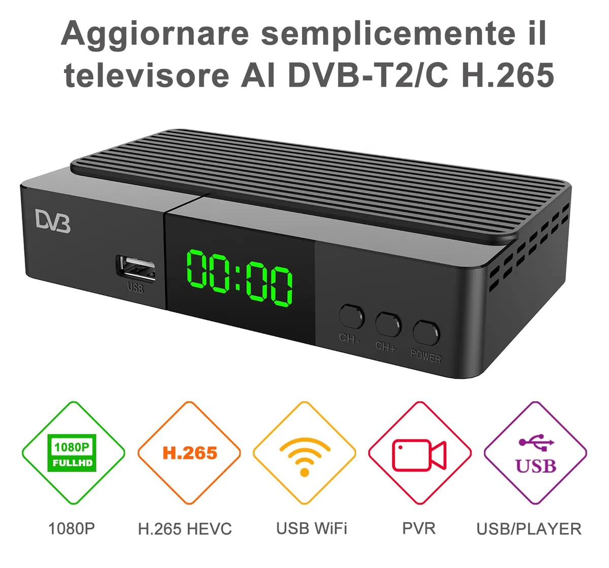 Decoder Digitale Terrestre 2024 - DVB-T2/C Decoder, Support Scart, HDMI Output, LAN Input, New signal HEVC Main 10 H265, 4TB PVR Recording
