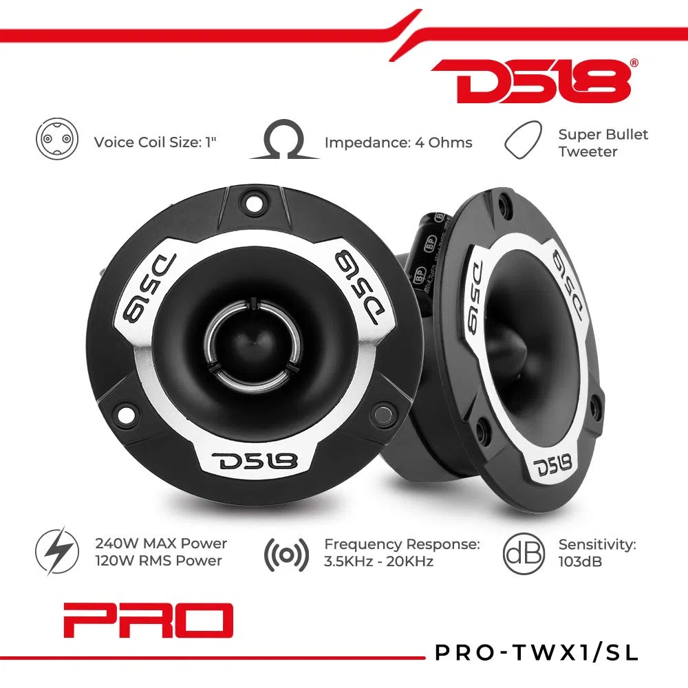 DS18 2 PRO-TWX1 super bullet tweeter da 9,60 cm di diametro 120 watt rms e 240 watt max, impedenza 4 ohm da 103 db, portiere auto, a coppia