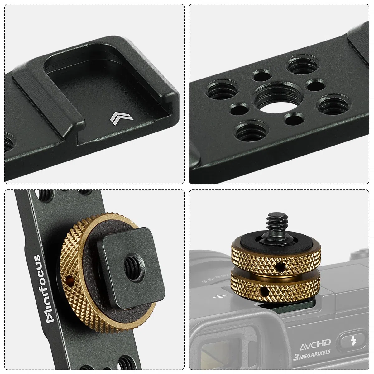MINIFOCUS Supporto a barra di estensione per slitta fredda tripla, staffa di montaggio hot shoe in lega di alluminio con fori filettati da 6,35 mm per fotocamera DSLR, microfono, treppiede, luce video