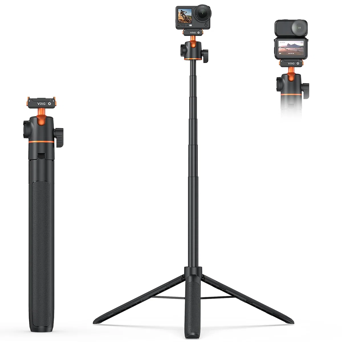 VRIG 140 cm Action Camera Selfie Stick Treppiede per DJI Osmo Nano/Action 6, trazione magnetica a due vie, supporto a sgancio rapido, asta allungabile, lunghezza da 33 a 140 cm, AC-71