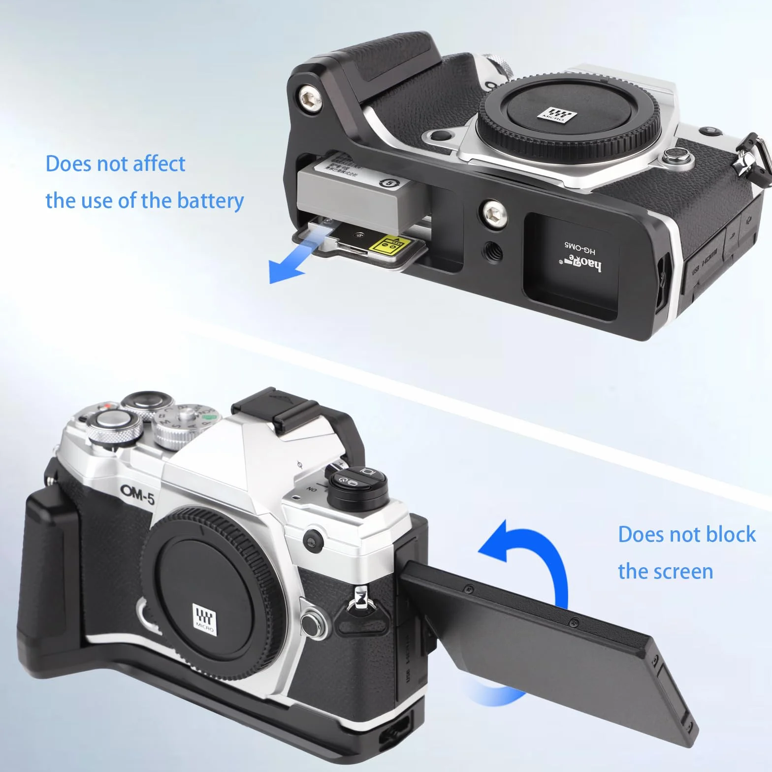 Haoge HG-OM5 Staffa di supporto per fotocamera con impugnatura per OM SYSTEM OM-5 piastra a sgancio rapido standard Arca Swiss integrata