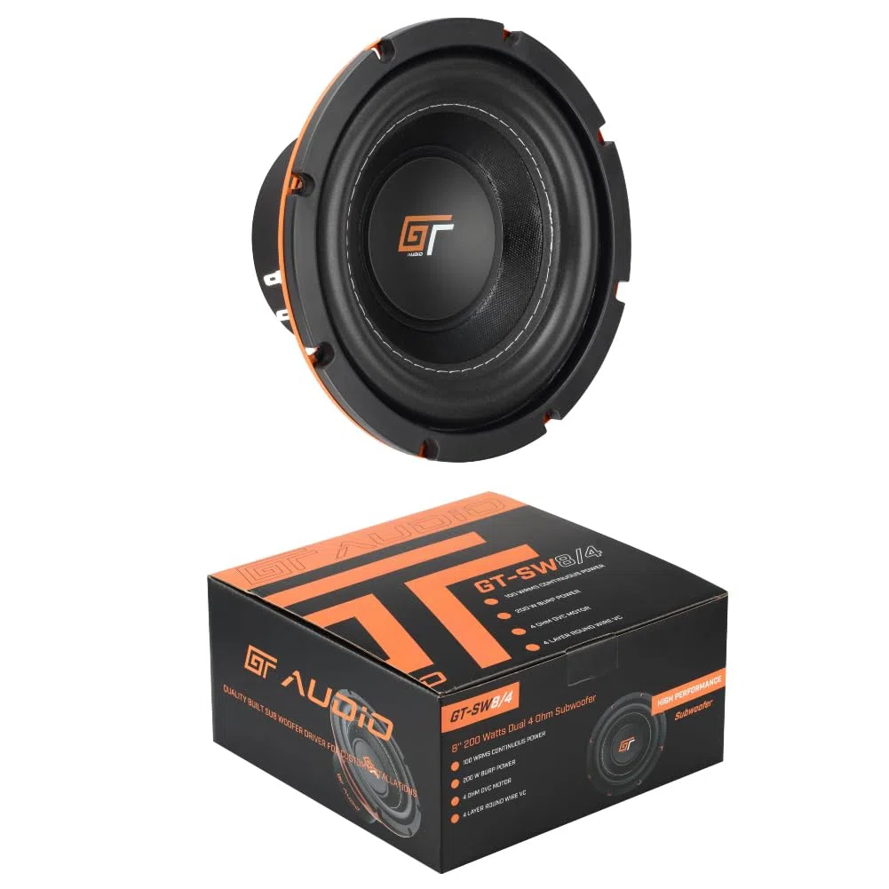 KIT SET PER BASS FACE GT AUDIO GT-SW8/4 1 subwoofer 20 cm 200 mm 8" da 100 watt rms 200 watt max doppia bobina da 4+4 ohm dvc dual voice coil per cofano bagagliaio auto, 1 pezzo