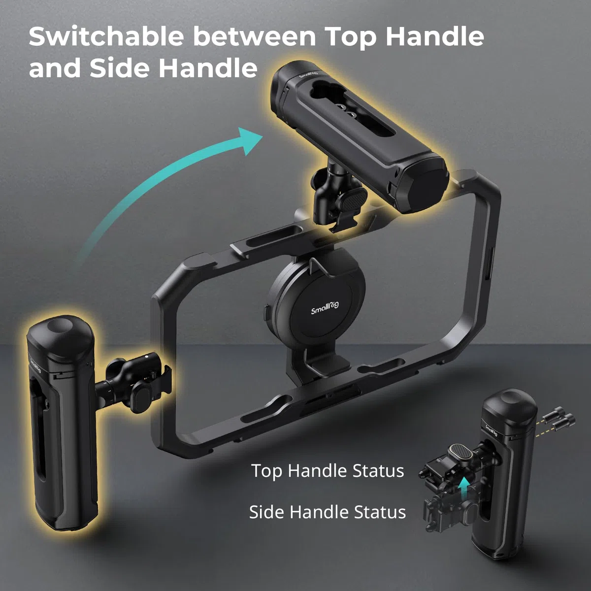 SMALLRIG Rotatable Quick Release Side Handle for Phone Cages, Aluminum Phone Cage Handle Grip with Infinite Rotation, Built-in Cold Shoe and Adapter - 4403B