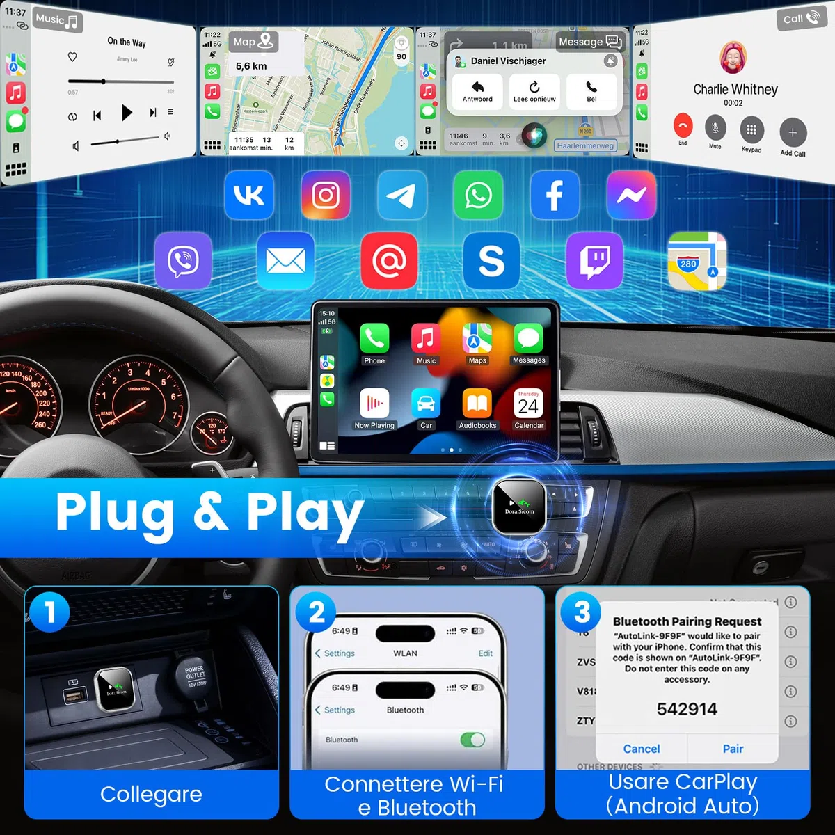 Dora Sicom [2026 update] Wireless CarPlay Adapter, Adattatore Wireless Android Auto,2 in 1，Adattatore CarPlay Adapter, Car Play per Auto,Plug & Play, USB&C, 5Ghz，compatibile con veicoli dal 2016