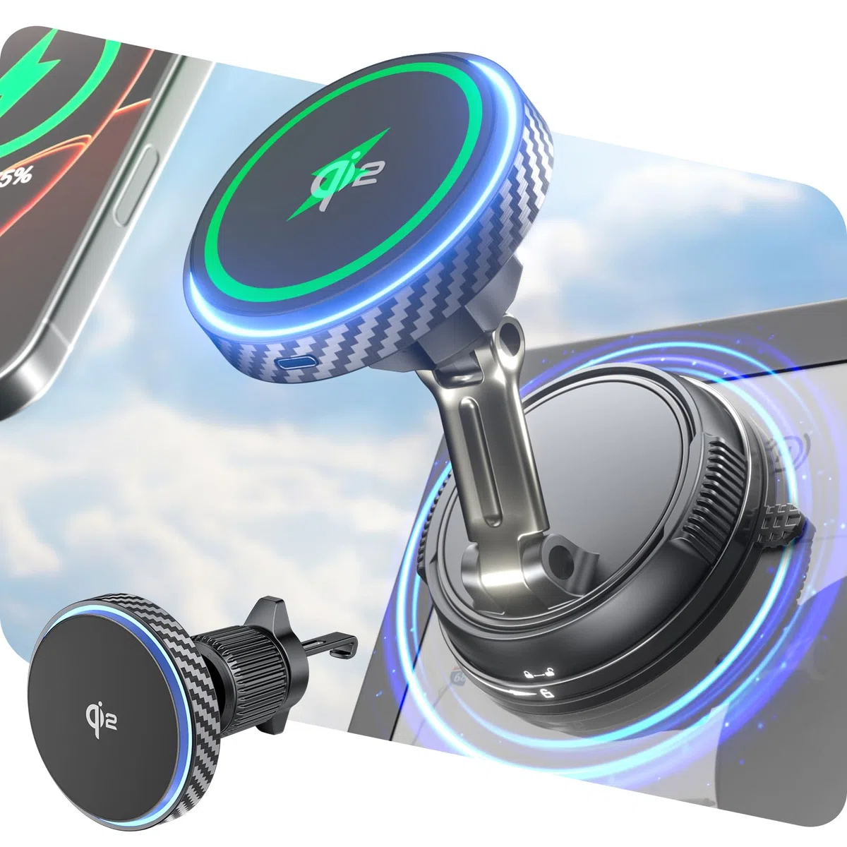 Qi2 15W Ricarica Veloce Magnetico Porta Cellulare Auto [Ventosa a Vuoto & Regolabile 360°] Caricatore Wireless Supporto Telefono per MagSafe per Ventola/Cruscotto/Parabrezza