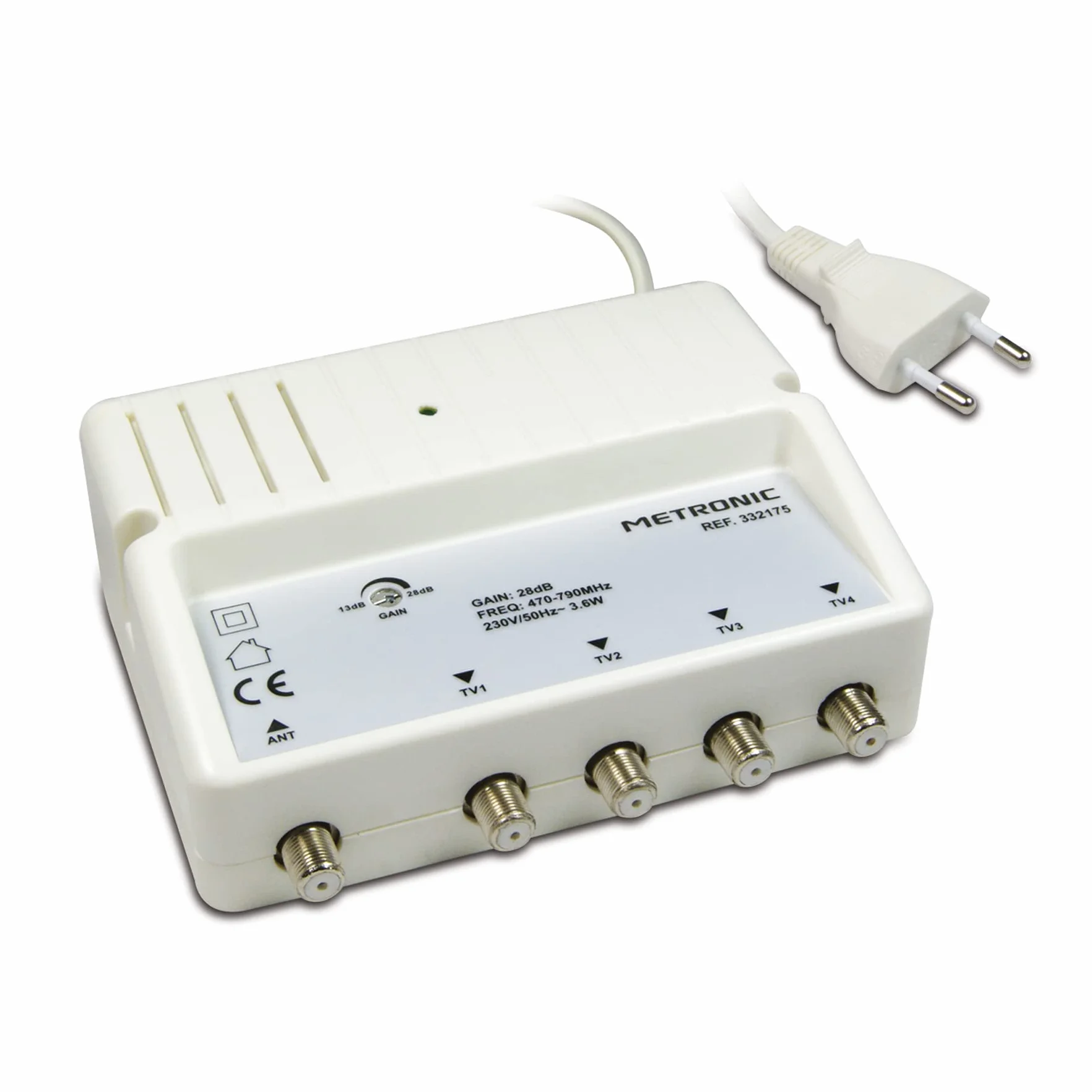 METRONIC 332175 Amplificatore splitter Antenna TV Digitale Terrestre Interno – Potenziatore di Segnale con Alimentatore, 26 dB, regolazione guadagno/4 uscite spina F – Blanco