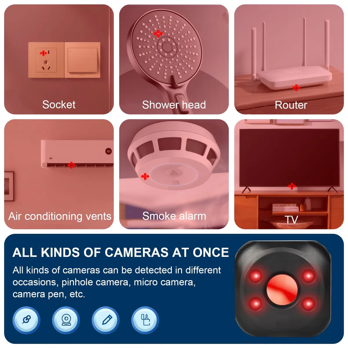 Colexy Rilevatore di Telecamere Nascoste, Rilevatore di Microspie Portatile, Scanner a Infrarossi Anti-spia, per Hotel Casa Ufficio Viaggi Spogliatoi Bagni - Proteggi la tua Privacy (Nero)