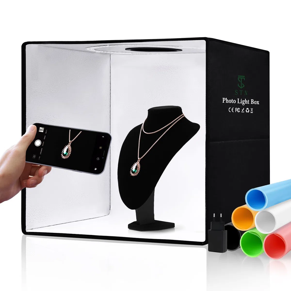 STN Box Fotografico 30 * 30 * 30cm Set Portatile 5500K CRI 95 Luce anulare dimmerabile a 112 LED Con 6 colori Sfondo